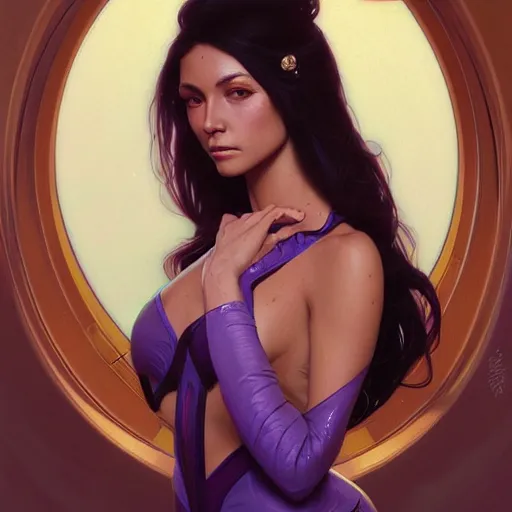 Image similar to Portrait of very very very very very very beautiful Latina woman, spacesuit, purple eyes, intricate, elegant, highly detailed, digital painting, artstation, concept art, smooth, sharp focus, illustration, art by artgerm and greg rutkowski and alphonse mucha