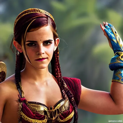 Image similar to Emma Watson modeling as Urbosa from Zelda, (EOS 5DS R, ISO100, f/8, 1/125, 84mm, postprocessed, crisp face, facial features)