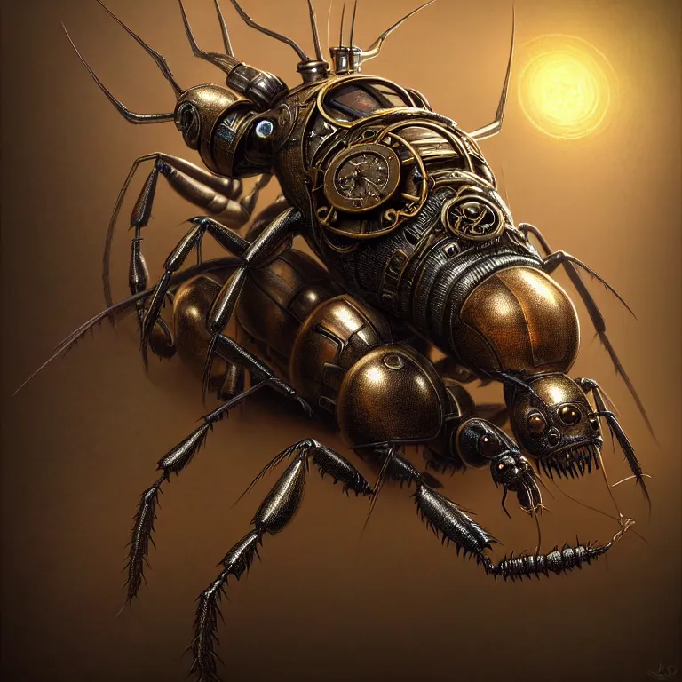 Image similar to steampunk ant, 3 d model, symmetrical artwork, unreal engine realistic render, 8 k, micro detail, intricate, elegant, highly detailed, centered, digital painting, artstation, smooth, sharp focus, illustration, artgerm, tomasz alen kopera, wlop