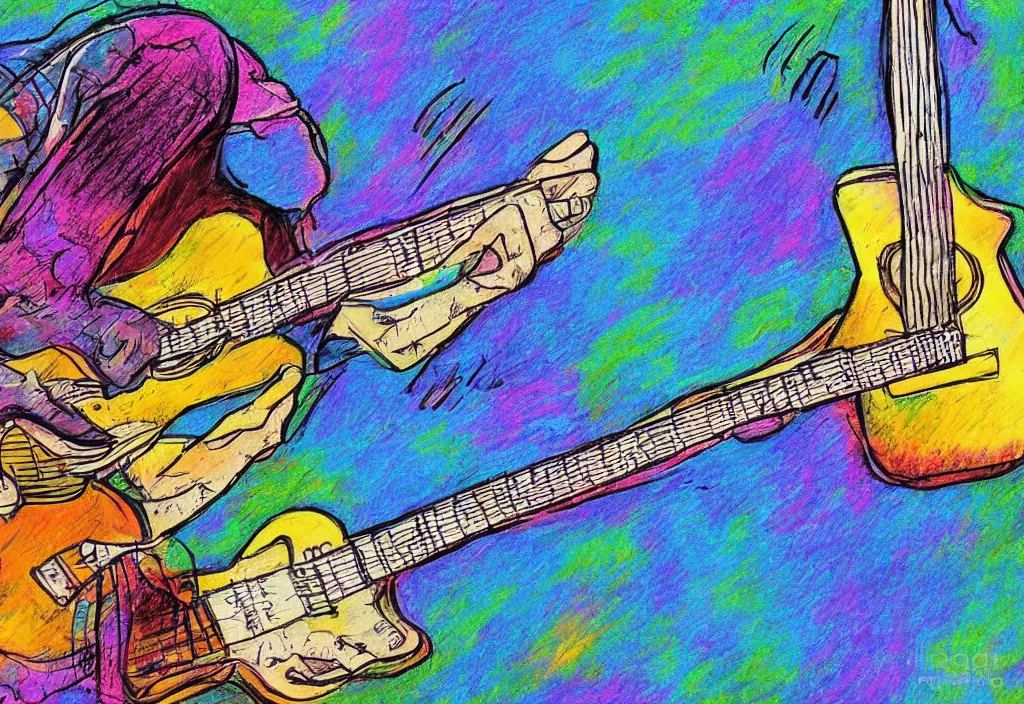 Prompt: playing guitar, televisions, batteries, digital art, details, pastel