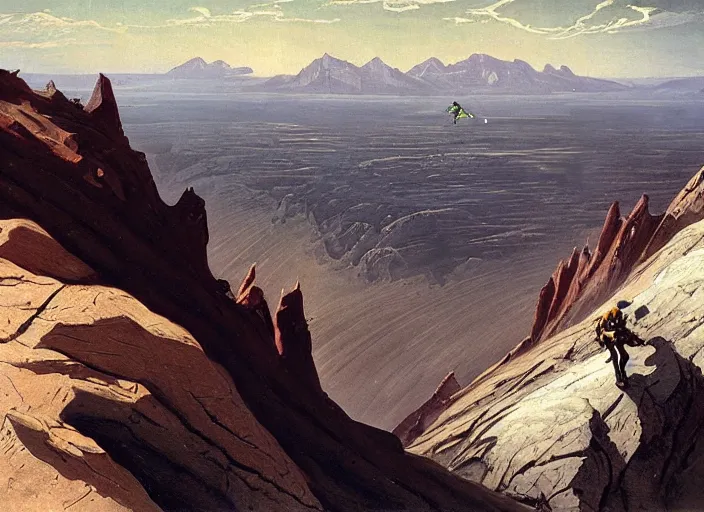Prompt: an alien in climbing gear climbing a mountain on an alien planet, matte painting, by isaac levitan and asher brown durand,