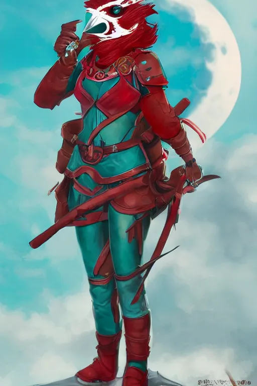 Image similar to female adventurer in tight full - body teal leather armor of japanese design with red accents and a white porcelain crow mask, trending in artstation, japanese, artstation, big moon in the background, establishing shot