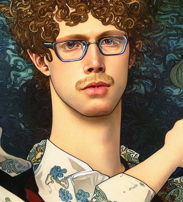 Image similar to detailed closeup portrait of napoleon dynamite by alphonse mucha, ayami kojima, yoshitaka amano