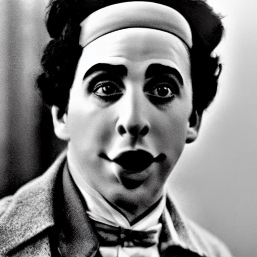 Prompt: film still of Adam Sandler as Charlie Chaplin in Modern Times, 4k, black and white