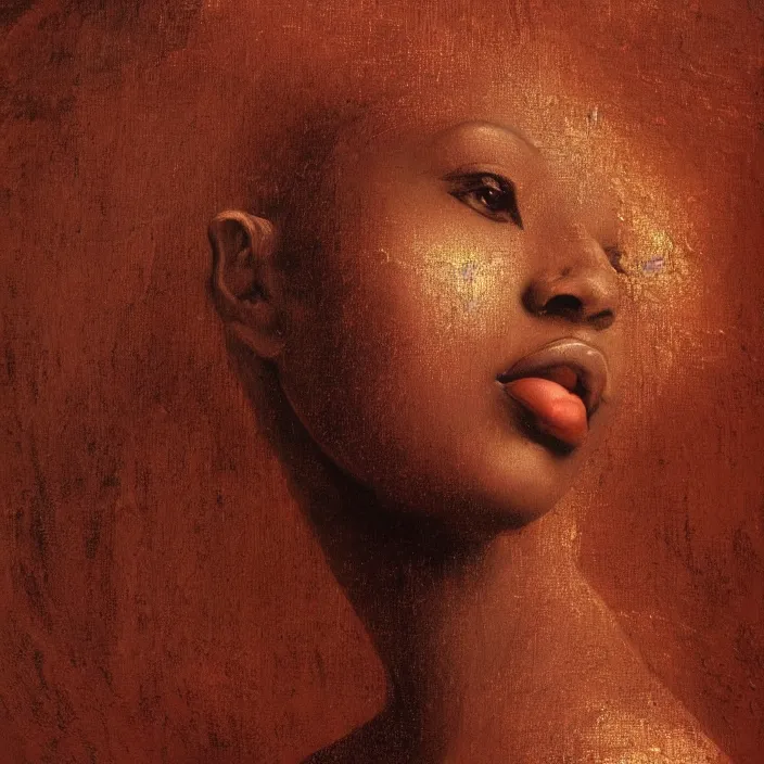 Image similar to a painting of a beautiful African woman by Leonardo da Vinci . dramatic angle, ethereal lights, details, smooth, sharp focus, illustration, realistic, cinematic, artstation, award winning, rgb , unreal engine, octane render, cinematic light, macro, depth of field, blur, red light and clouds from the back, highly detailed epic cinematic concept art CG render made in Maya, Blender and Photoshop, octane render, excellent composition, dynamic dramatic cinematic lighting, aesthetic, very inspirational, arthouse.