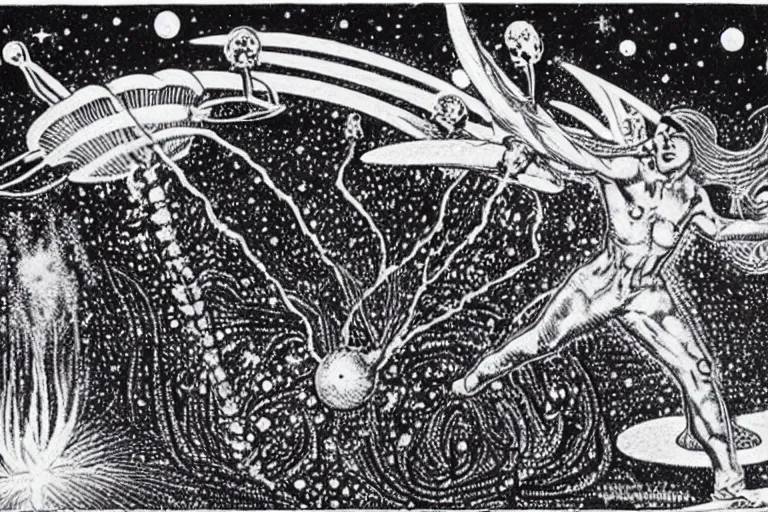Image similar to how magic mushrooms can take us to the farthest reaches of inner space, painting by virgil finlay and kelly freas