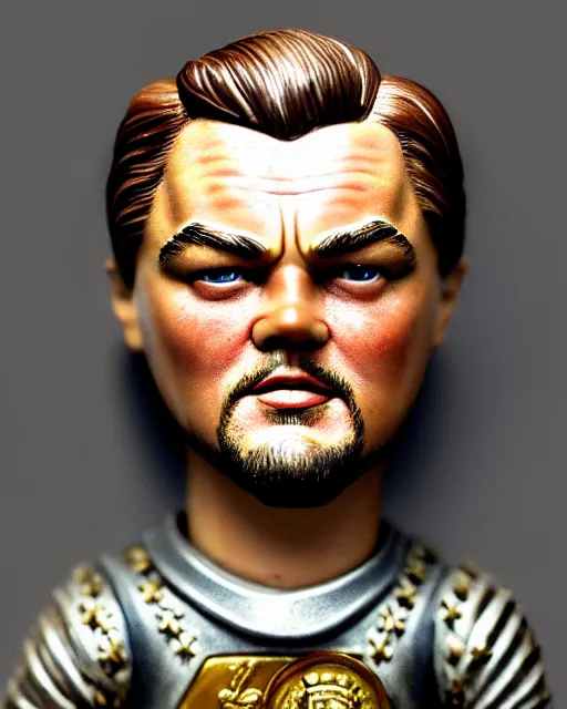 Prompt: highly detailed closeup, face profile portrait of a tin toy leonardo dicaprio as a medieval demon with horns eating cakes in a castle, hyper realistic, artstation, illustration, nicoletta ceccoli, mark ryden, lostfish, dan decarlo, bob clampett, max fleischer, digital paint, matte paint, vivid colors, detailed and intricate environment