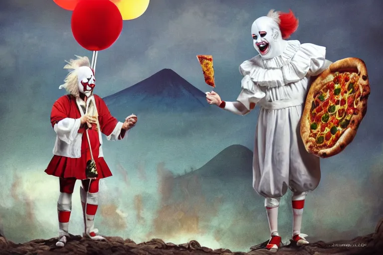 Image similar to pennywise as pulcinella!!! holding a pizza!!, volcano in the background, glowing rivers of lava, dark cloudy sky, an ultrafine detailed painting by joe fenton, full body, wide angle, post - apocalyptic vibe, pop surrealism, sharp focus, 3 d octane render, 4 k, perfect symmetrical face, masterpiece, hyperrealistic, trending on deviantart