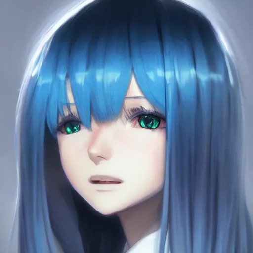 Image similar to profile shot of rimuru tempest, sky blue, straight hair, long bangs, amber eyes, wearing a black jacket with white stripes, high collar, highly detailed, unreal engine 5, digital painting, cinematic, wlop | artgerm, pixiv, yoshitaka amano, greg rutkowski, ilya kuvshinov, andy warhol