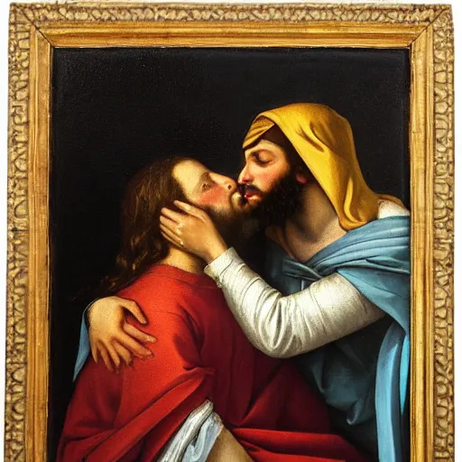 Image similar to an oil panting of a jesus kissing maria maddalena