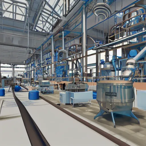 Prompt: interior of nickel factory with machines and turbines and vacuum glass valves pumps, illustration 3D rendered by pixar