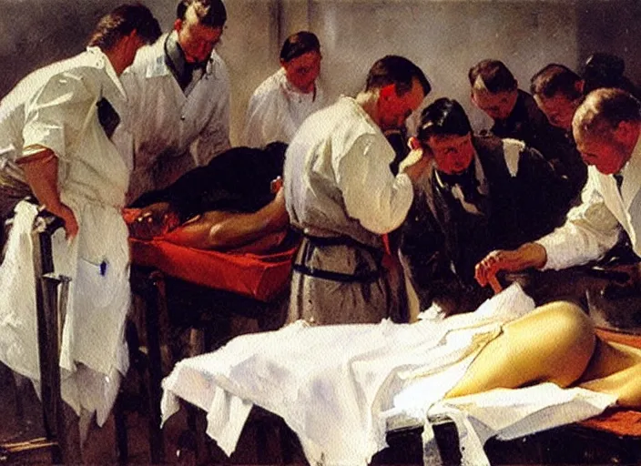 Image similar to anders zorn oil painting of instruction of autopsy surgery