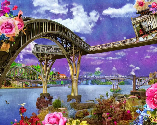 Prompt: detailed bridge with unexpected maximalist elements. 8x HD mixed media 3D collage in the style of a childbook illustration in soft natural tones. matte background no frame HD