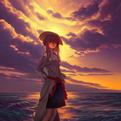 Prompt: Classical oil painting of Kirisame Marisa at sunset looking at the sea by Dan Mumford, beautiful anime portrait, official artwork, stylistic, Touhou character, brush strokes, oil, canvas