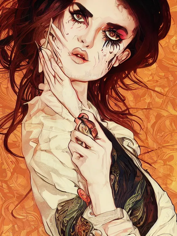 Image similar to digital illustration of a girl with eyes that burn like cigarettes wearing a short skirt and a long jacket with fingernails that shine like justice, dramatic lighting, photorealistic, extreme detail, 4 k, colorful, artgerm and alphonse mucha