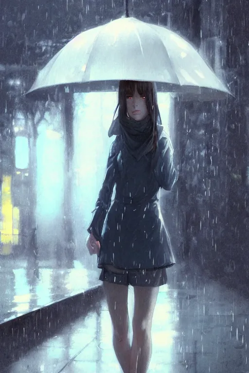 Image similar to a girl in the rain, full shot, fine - face, realistic shaded perfect body, fine details. night setting. very anime style. realistic shaded lighting poster by ilya kuvshinov katsuhiro, magali villeneuve, artgerm, jeremy lipkin and michael garmash, rob rey and kentaro miura style, trending on art station