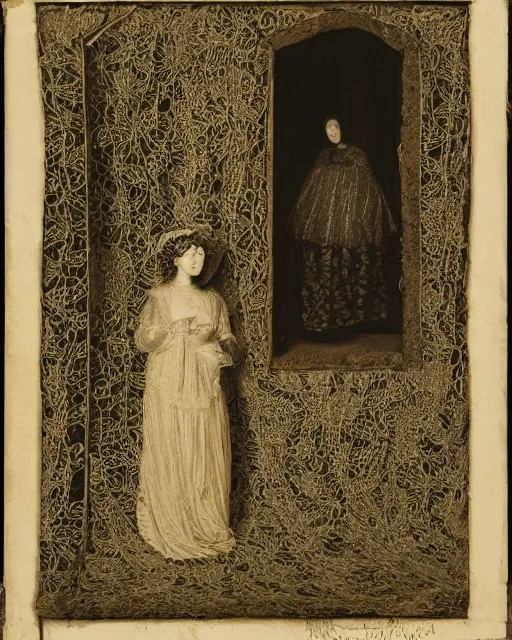 Prompt: a woman standing in a doorway, made of intricate decorative lace leaf skeleton, in the style of the dutch masters and gregory crewdson, dark and moody