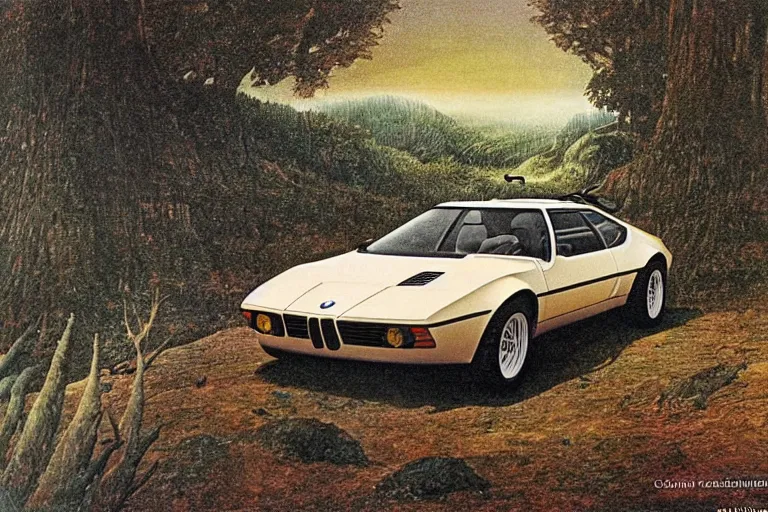 Image similar to intricate, 3 d, 1 9 7 4 bmw m 1, style by caspar david friedrich and wayne barlowe and ted nasmith.