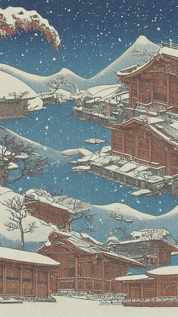 Image similar to a beautiful ancient bathhouse with a bathing alien creature in the winter by hasui kawase