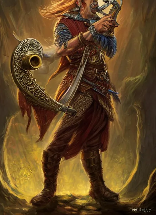 Image similar to bard playing trumpet, ultra detailed fantasy, dndbeyond, bright, colourful, realistic, dnd character portrait, full body, pathfinder, pinterest, art by ralph horsley, dnd, rpg, lotr game design fanart by concept art, behance hd, artstation, deviantart, hdr render in unreal engine 5