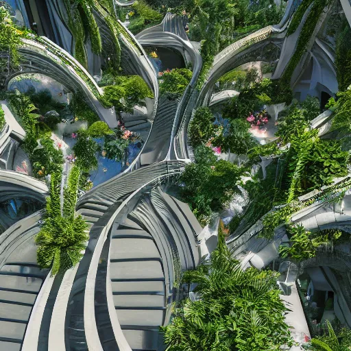 Prompt: A beautiful photo of heaven + walkways, canals, stairs, fountains and arches, lush vegetation, flowers and crowds of angels + by Eddie mendoza + futuristic but classical architecture by Zaha Hadid + Maya render, raytracing, awe-inspiring, sharp detailed focus, incredible post-processing lighting