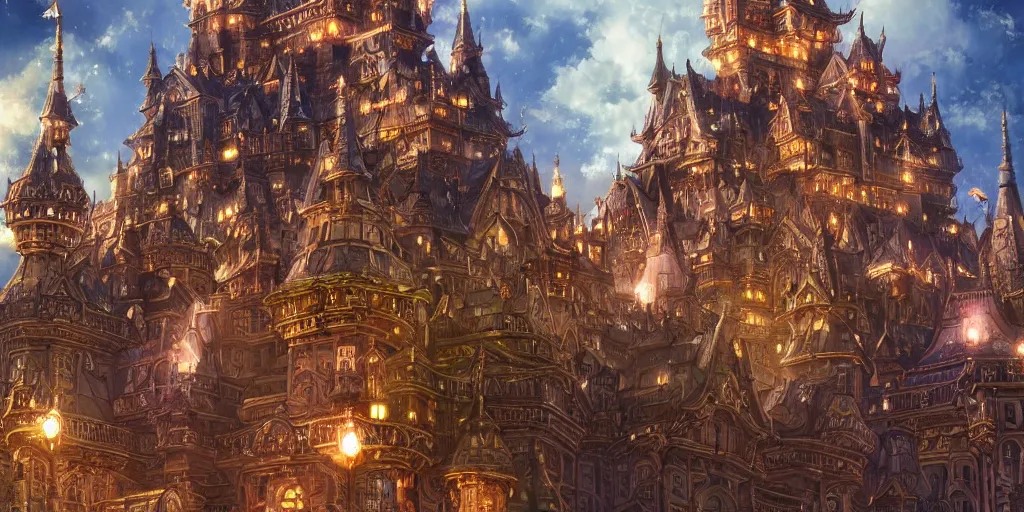 Prompt: imposing and highly ornamented fantasy castle, a lot of lights, multi layered huge architectures, no people, intricate, Anime Background, Miyazaki Hayao, Ghibli, editor’s pickup, trending on artstation, trending on deviantart, 4K