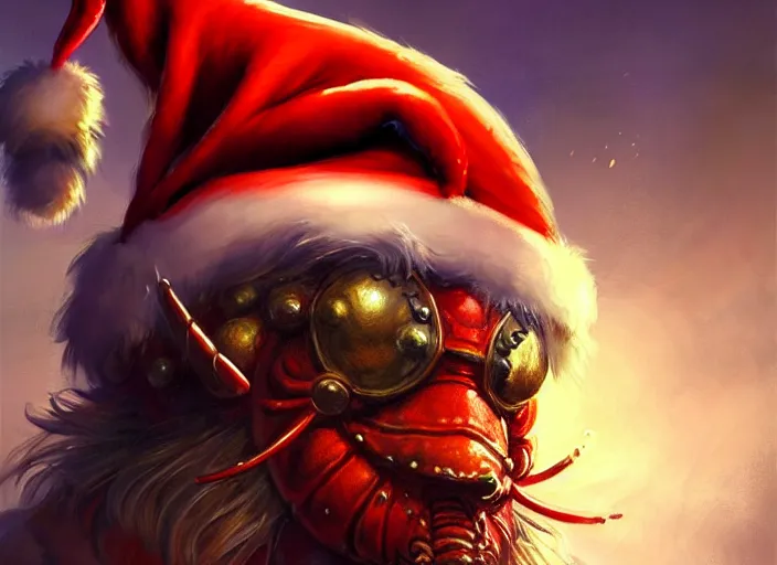 Image similar to magic : the gathering fantasy character concept art of anthropomorphic lobster wearing a christmas hat, by franz frazetta and marco bucci, high resolution. a clear portrait of powerful lobster impersonating santa, magical christmas wonderland in background, fantasy coloring, intricate, digital painting, artstation, smooth, sharp focus