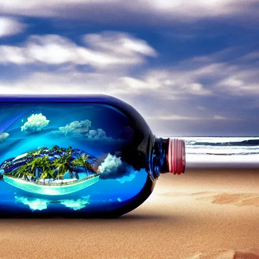 Prompt: a universe inside of a bottle on the beach, hyper detailed, photorealostic