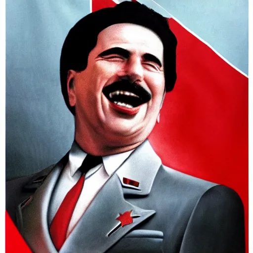 Image similar to hyper realist photograph of staline smiling and biting his lip seductively with the ussr flag behind him, close up, face picture, 4 k, very detailed