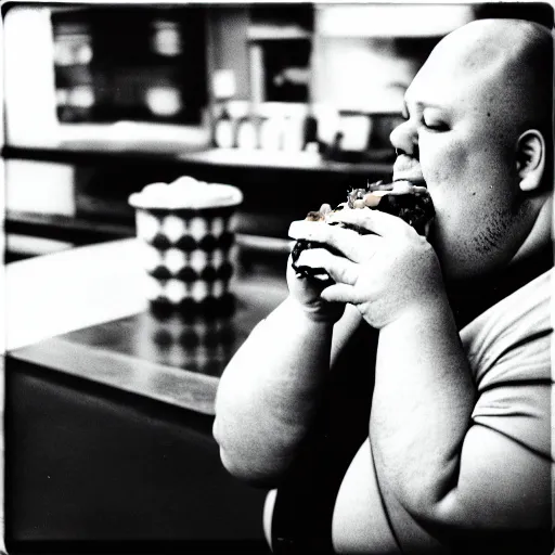 Image similar to a black and white film photograph of a fat man eating a sandwich. holga, lomo, lomography, retro, toy camera, film, tri - x, plus - x, vintage