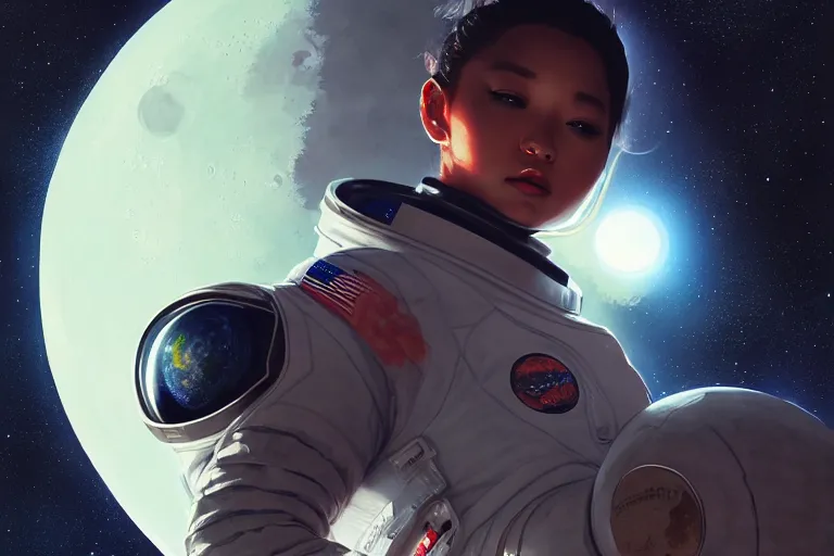 Prompt: portrait of cl rapper in a spacesuit frowning, moon base with earth in the night sky, artgerm, ilya kuvshinov, krenz cushart, ruan jia, realism, ultra detailed, 8 k resolution