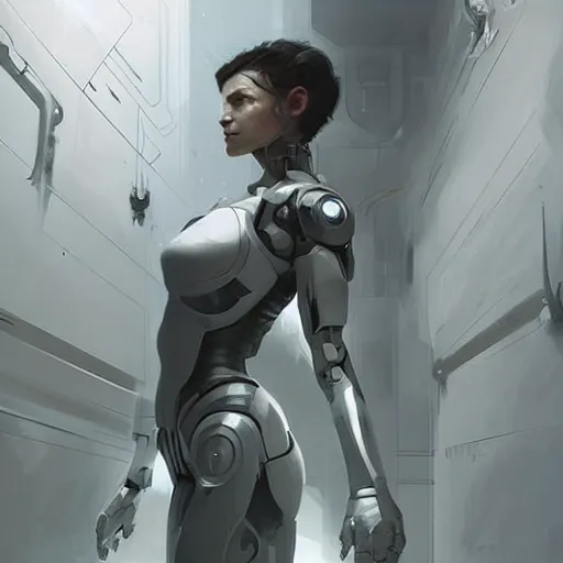 Image similar to concept art by greg rutkowski, female cyborg in a room from the spaceship, high tech and futuristic white walled environment, unnatural lighting, uncanny atmosphere, frightening and creepy atmosphere, scifi, highly detailed portrait, digital painting, artstation, concept art, smooth, sharp foccus ilustration, artstation hq