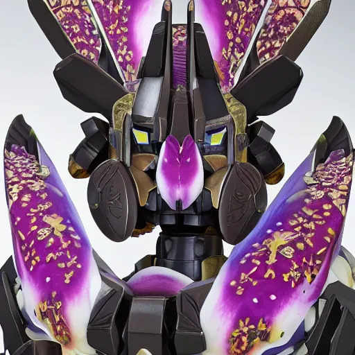 Image similar to futuristic phalaenopsis amabilis mecha tiger face in moon orchid body, sepals forming helmet, floral details, phalaenopsis, 8 k hd resolution, barbatos gundam with floral inlay, bandai box art, star wars, makoto kobayashi, frank gehry, raymond swanland