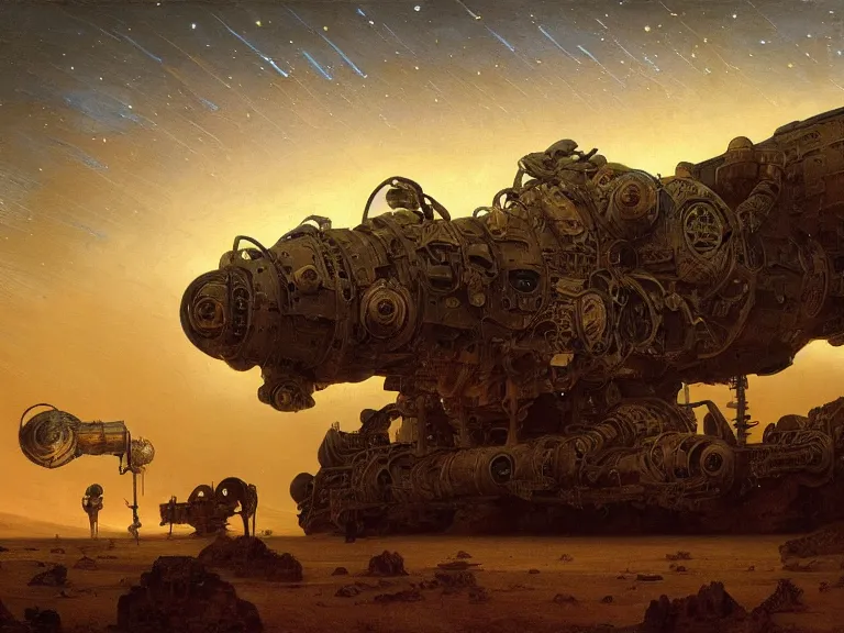 Image similar to an oil painting of an ancient dieselpunk spacecraft in the middle of an alien desert at dusk, aurora and stars light up the sky by beksinski carl spitzweg and tuomas korpi. baroque elements, full-length view. baroque element. intricate artwork by caravaggio. Trending on artstation. 8k