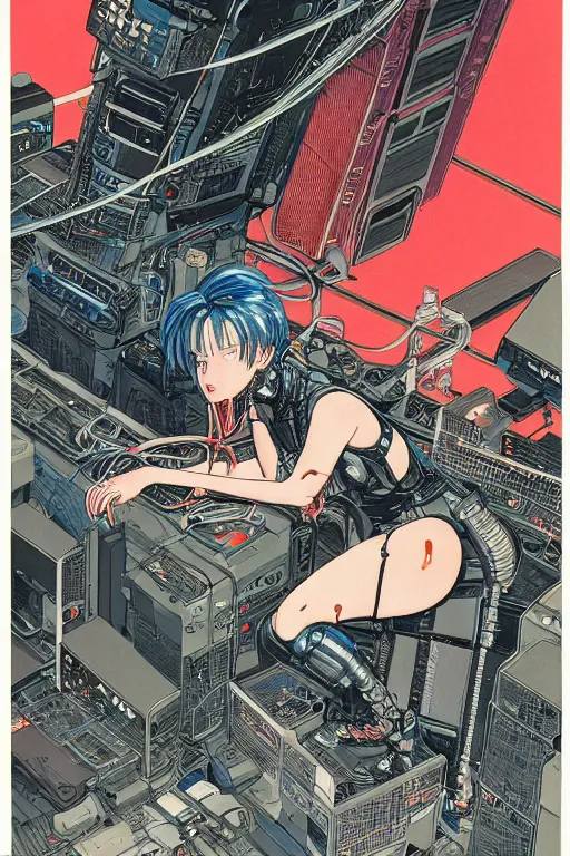 Image similar to an hyper-detailed cyberpunk illustration of a female android seated on the floor in a tech labor, seen from the side with her body open showing cables and wires coming out, by masamune shirow, and katsuhiro otomo, japan, 1980s, centered, colorful