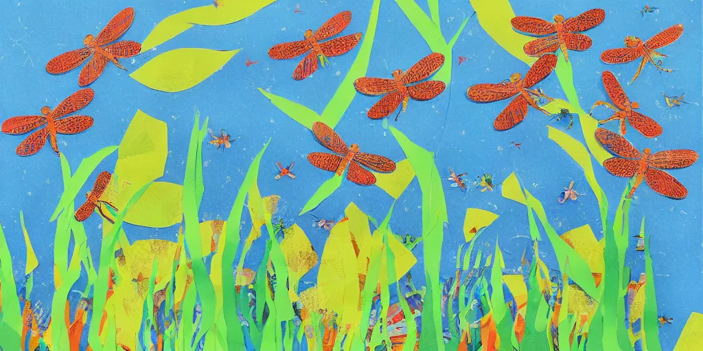 Image similar to dragonfly swarm dancing in the calm summer air above a peaceful stream. hand - painted collage cut paper. by eric carle