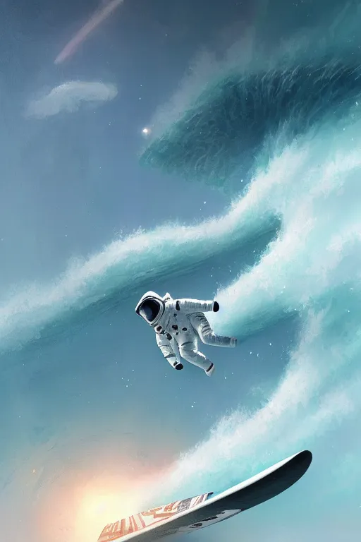 Image similar to a beautiful digital painting of an astronaut in a white space suit surfing the great wave on a surfboard by greg rutkowski, photorealistic, trending on artstation, highly detailed, intricate, unreal engine, octane render