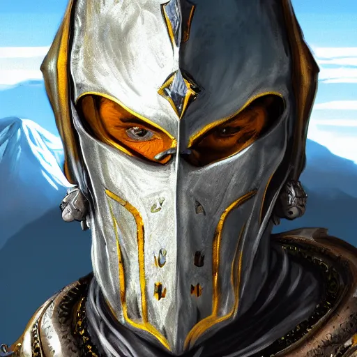 Image similar to realistic portrait of a pale yellow knight in front of mount kilimanjaro, gothic style, festive colors, digital art, trending on artstation, high quality, extreme detail, high quality, hyperdetailed