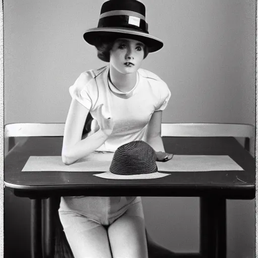 Prompt: several different photos showing young woman wearing a hat on top of a table, in the style of a 7 0 s photograph