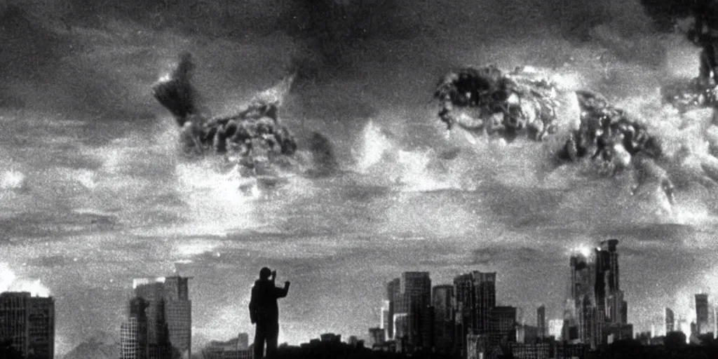 Image similar to a filmstill of Kim Jong-il, monster destroying Pyongyang, in Godzilla (1954) by Ishirō Honda, epic ultrawide shot, cinémascope