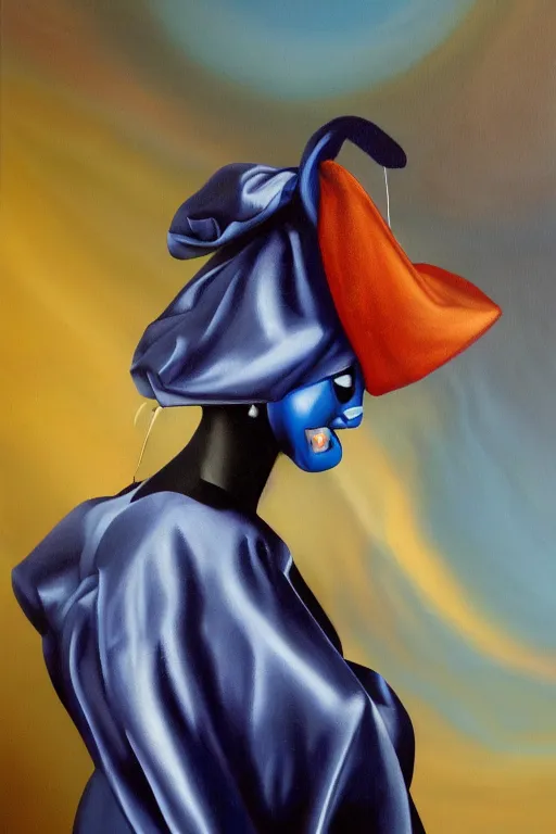 Prompt: hyperrealism oil painting, close - up portrait of commedia dell'arte fashion woman model, gradient mixed with nebula sky, in style of baroque