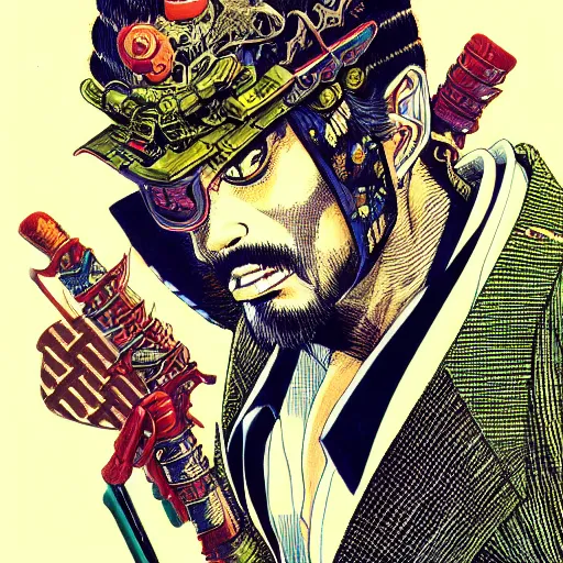 Image similar to portrait closeup of crazy yakuza man, katanas around, symmetrical, cinematic colors, by yoichi hatakenaka, masamune shirow, josan gonzales and dan mumford, ayami kojima, takato yamamoto, barclay shaw, karol bak, yukito kishiro