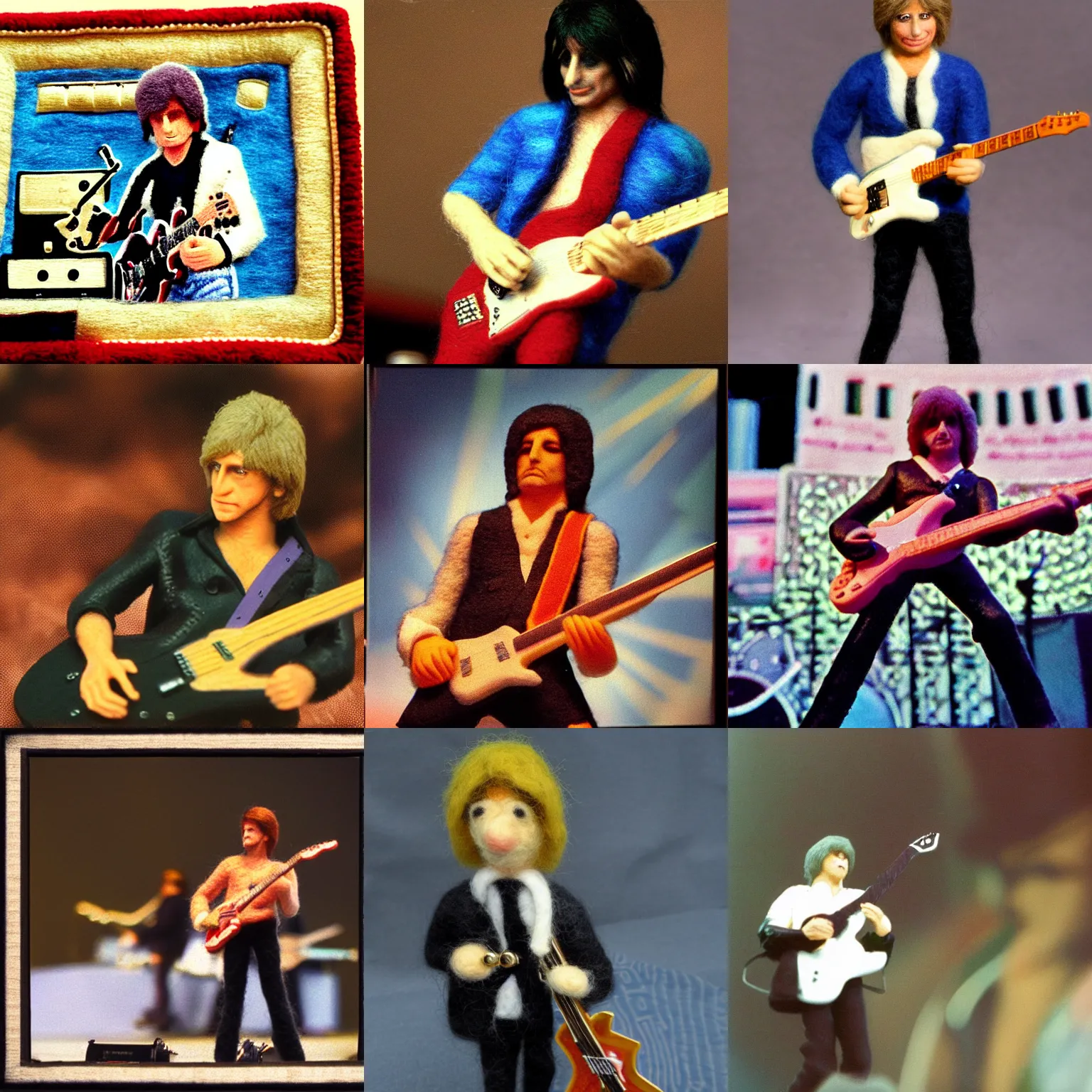 Prompt: needle felted 1985 Benjamin Orr on stage, highly detailed, tilt shift, cute, hyperrealism, highly textured, god rays