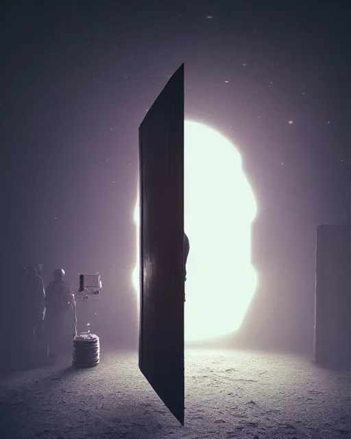 Image similar to a person standing in front of an open door, poster art by mike winkelmann, trending on cg society, space art, sci - fi, ue 5, futuristic, volumetric lighting