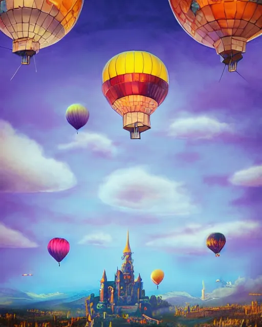 Prompt: flying cloud castle, buildings, baloons, atmosphere, glow, detailed, full of colour, cinematic lighting, trending on artstation, 4 k, hyperrealistic, extreme details, bright, blue sky, mountains, fantasy, masterpiece, art by wylie beckert