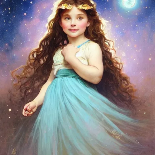 Image similar to a cute little girl with a round cherubic face, blue eyes, and short curly light brown hair smiles as she floats in space with stars all around her. She is wearing a turquoise dress. Beautiful painting by Artgerm and Greg Rutkowski and Alphonse Mucha