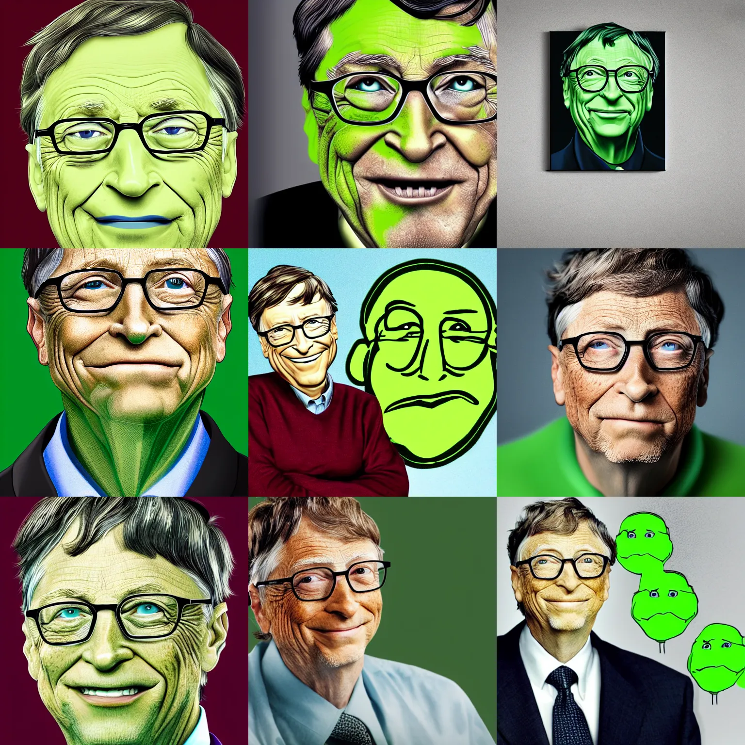 Prompt: a portrait of bill gates with an extremely wrinkled green face