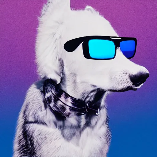 Prompt: Portrait of a White Woof with a blue mohawk wearing sunglasses in vaporwave style