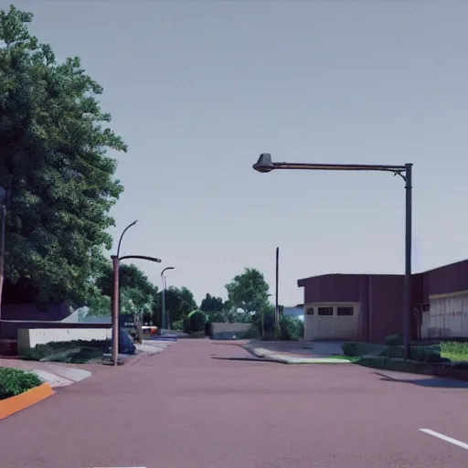 Prompt: Grainy photograph of a liminal middle class American suburb, clean, empty street, broad daylight, octane render, 3d render, flat lighting