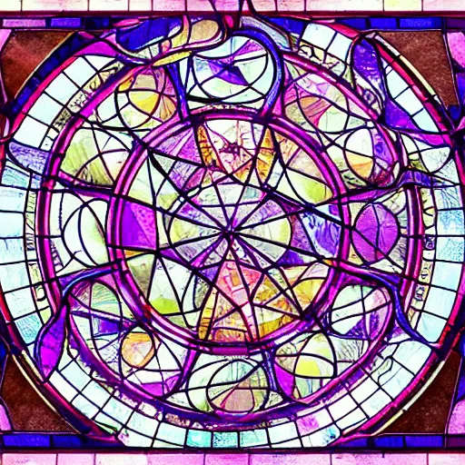 Prompt: mathematical library of magic circles, huge stained glass windows, artstation